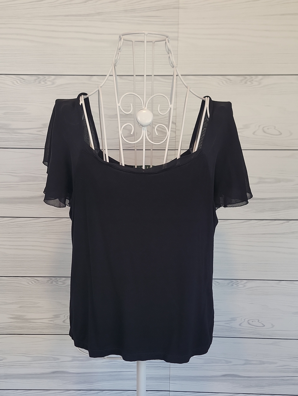 Ralph Lauren Blouse Ruffle Cap Flutter Sleeves - Black Womens Size L